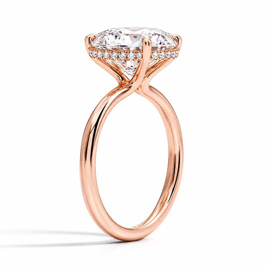 Hidden halo engagement ring in 14K rose gold, side profile