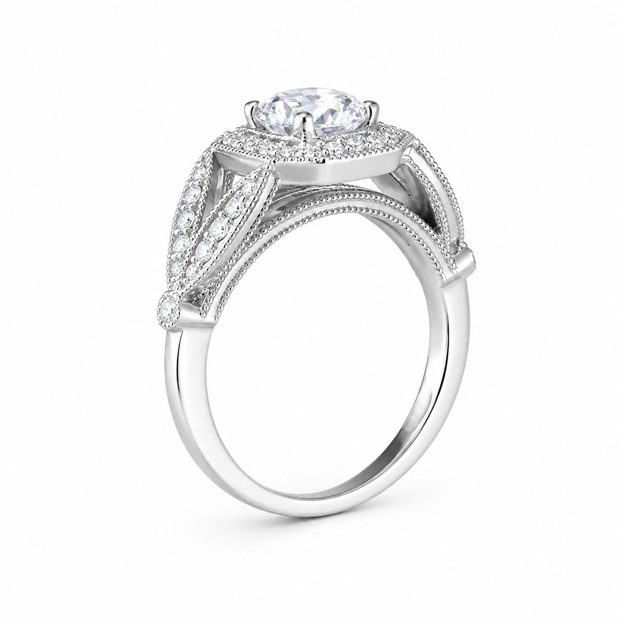Split-Shank Halo Diamond Engagement Ring, close-up detail