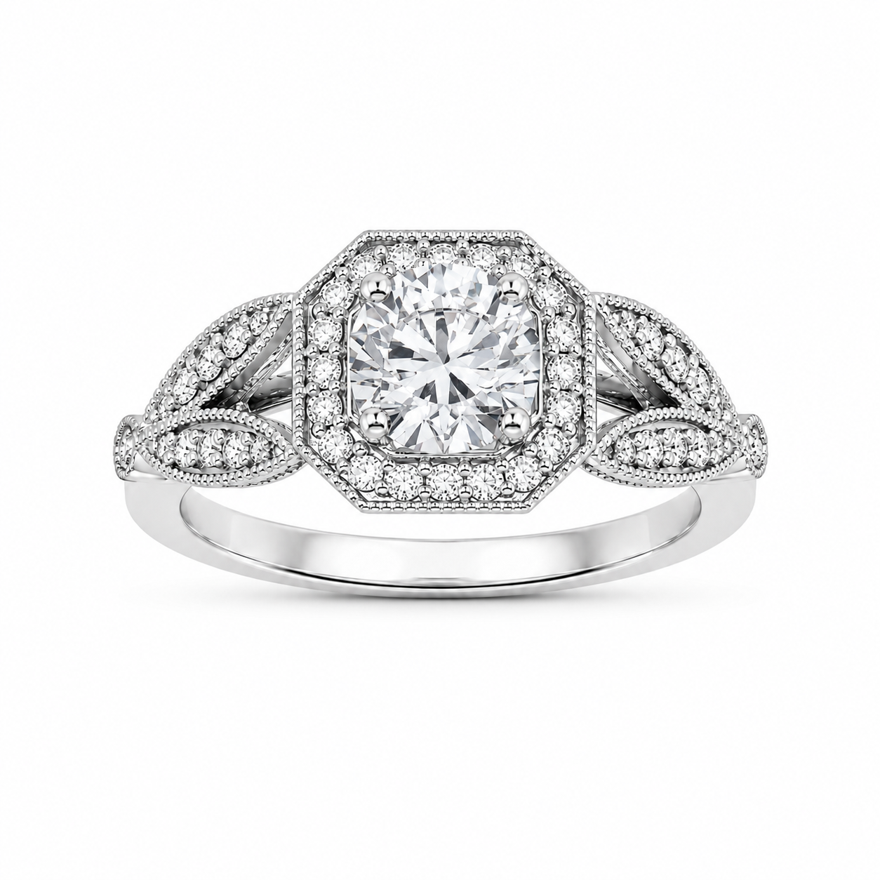 Split-Shank Halo Diamond Engagement Ring, front view