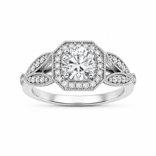 Split-Shank Halo Diamond Engagement Ring, front view