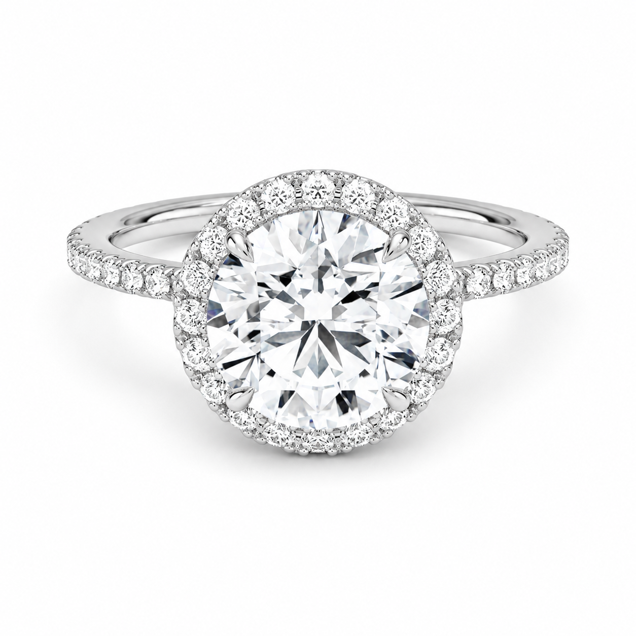 Pavé Diamond Band Halo Engagement Ring, front view