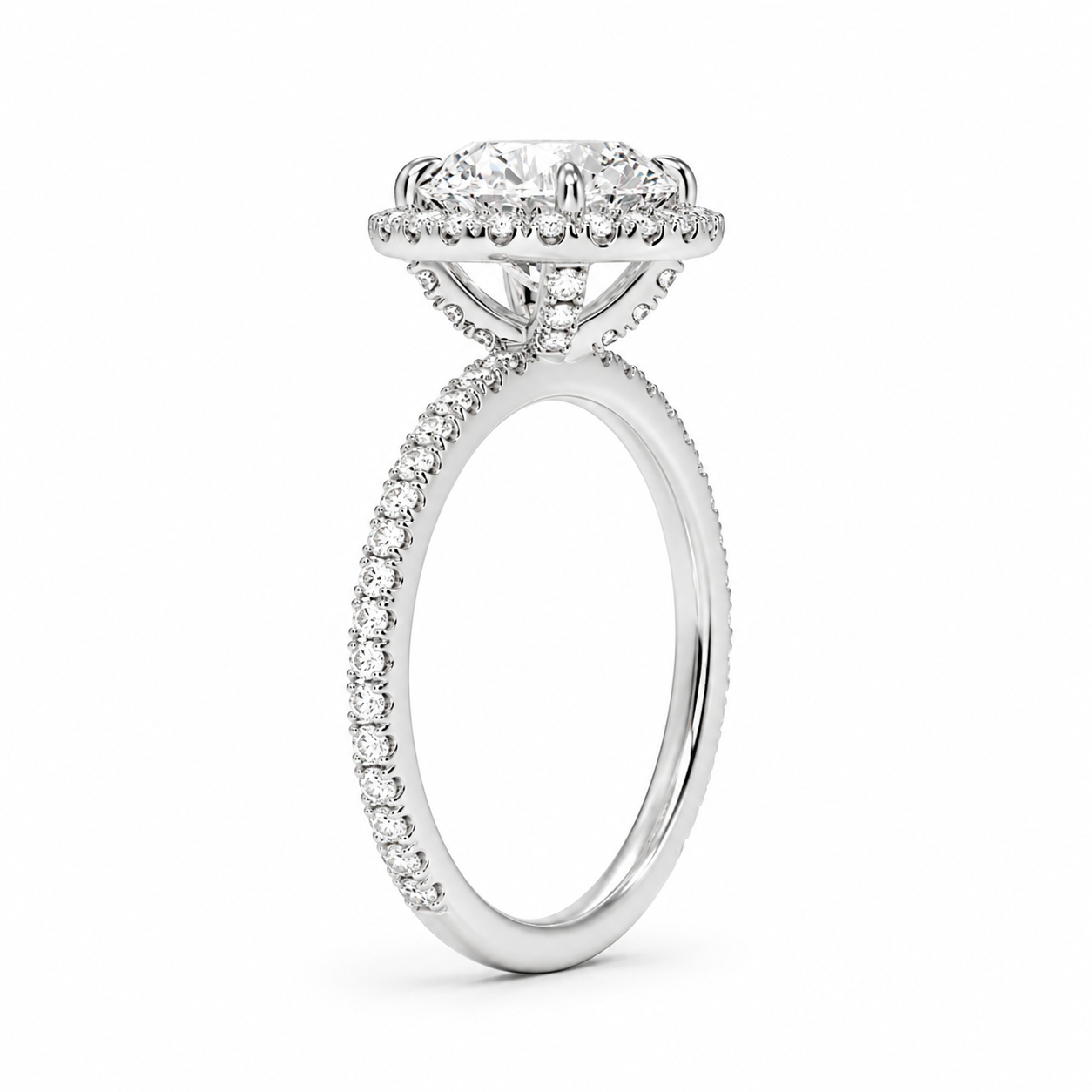 Pavé Diamond Band Halo Engagement Ring, angled side view