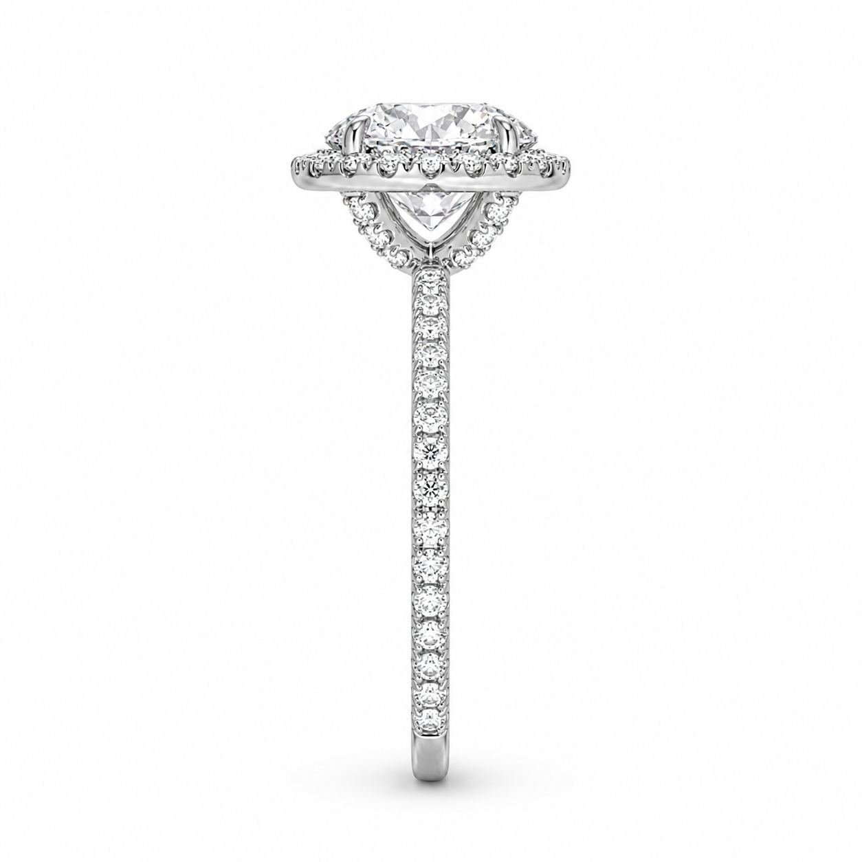 Pavé Diamond Band Halo Engagement Ring, close-up detail