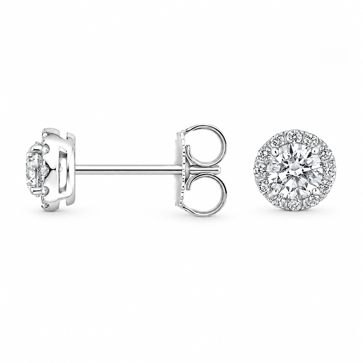 Diamond Halo Stud Earrings, angled side view