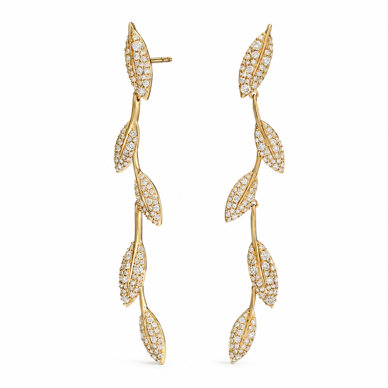 Olive branch pavé duster earrings on model, close-up