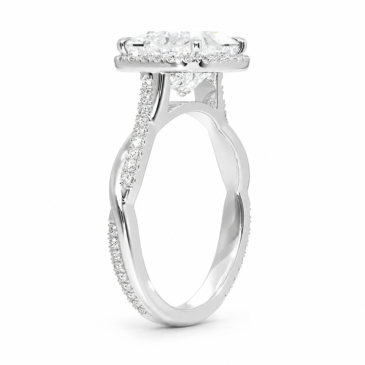 Petite Halo Diamond Engagement Ring, angled side view